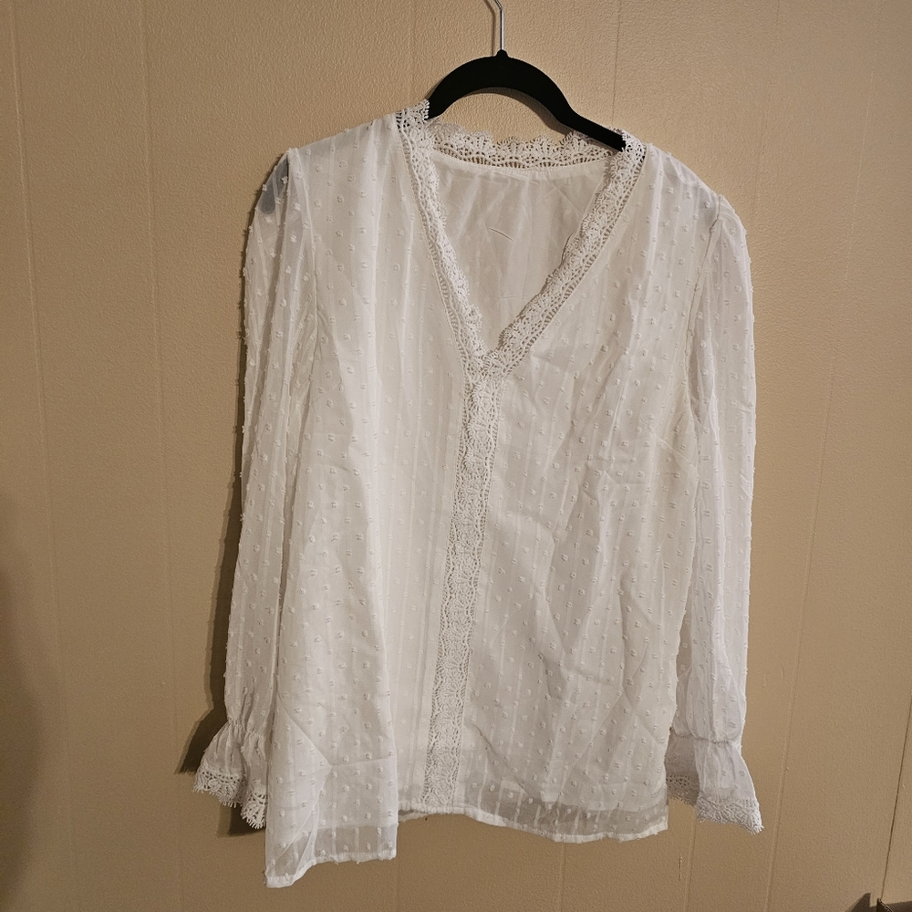 White Lace Swiss Dot Cottagecore Medium Blouse - Picture 1 of 7